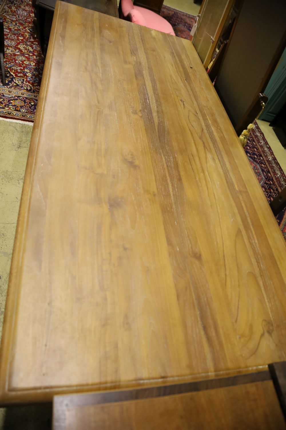A Laura Ashley painted hardwood rectangular kitchen table, width 200cm, depth 90cm, height 80cm